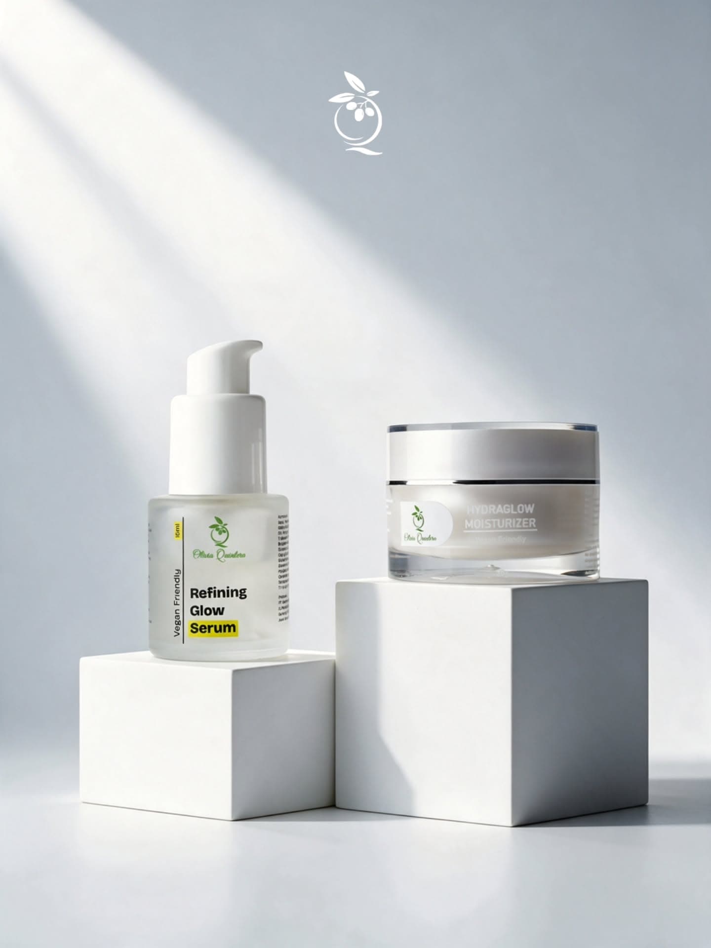 Refining Glow Serum and Hydraglow Moisturizer on white blocks